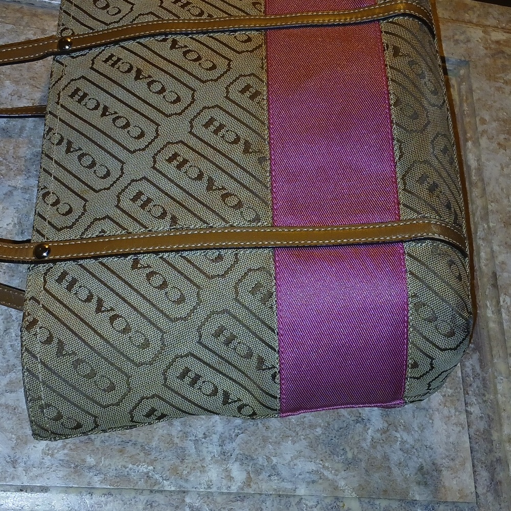 Authentic Coach Signature Brown Classic Logo and Pink Stripe Tote - Picture 3 of 11